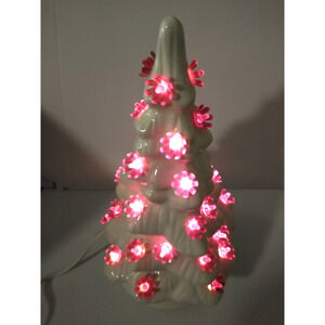 White Ceramic Christmas Tree 10.5" Works Red Lights Holiday Party Vintage IWM